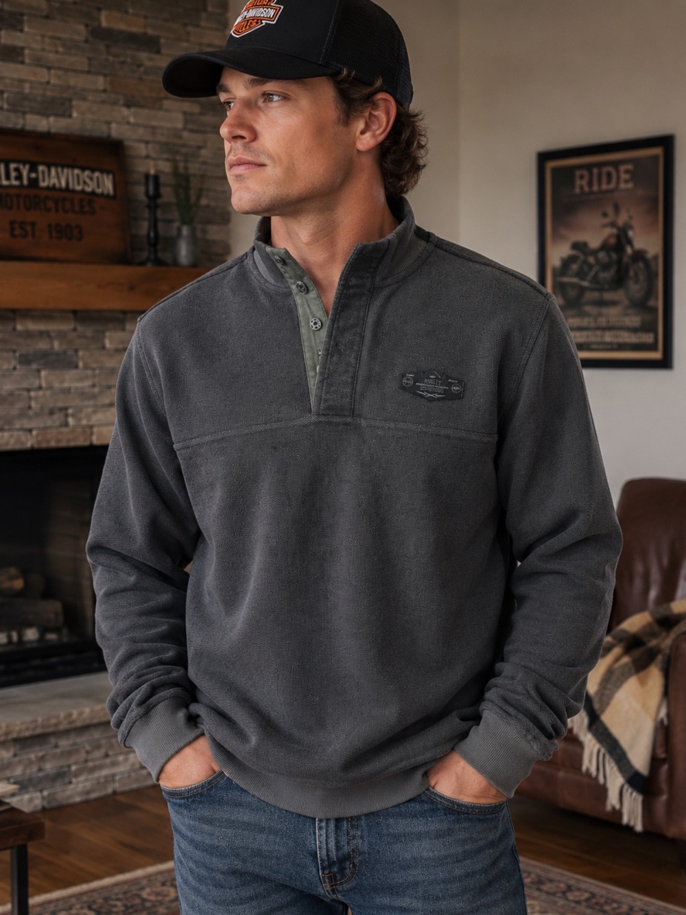 Harley-Davidson Charcoal Quarter Button Mock Neck Pullover Sweatshirt Sz L (v1)